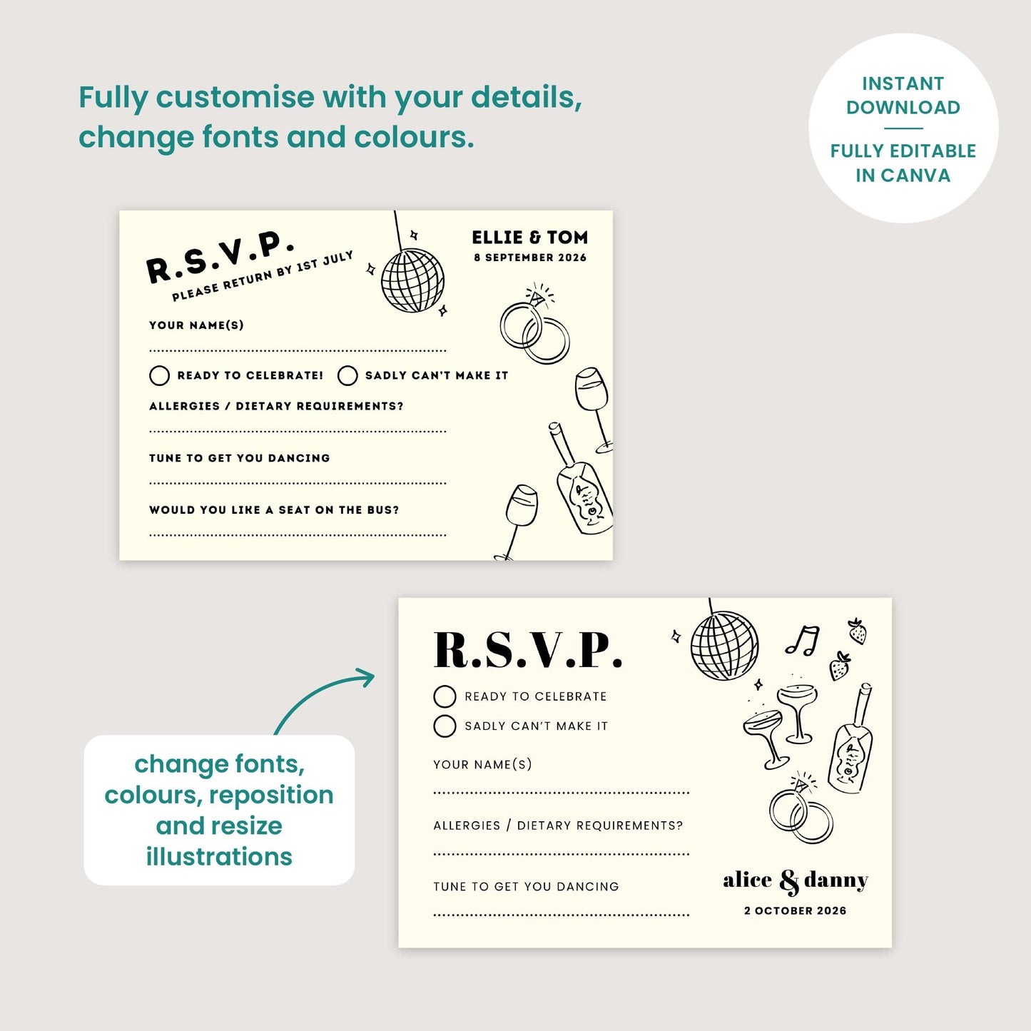 Editable Monochrome Wedding RSVP, Canva Template