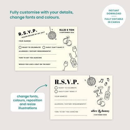 Editable Monochrome Wedding RSVP, Canva Template