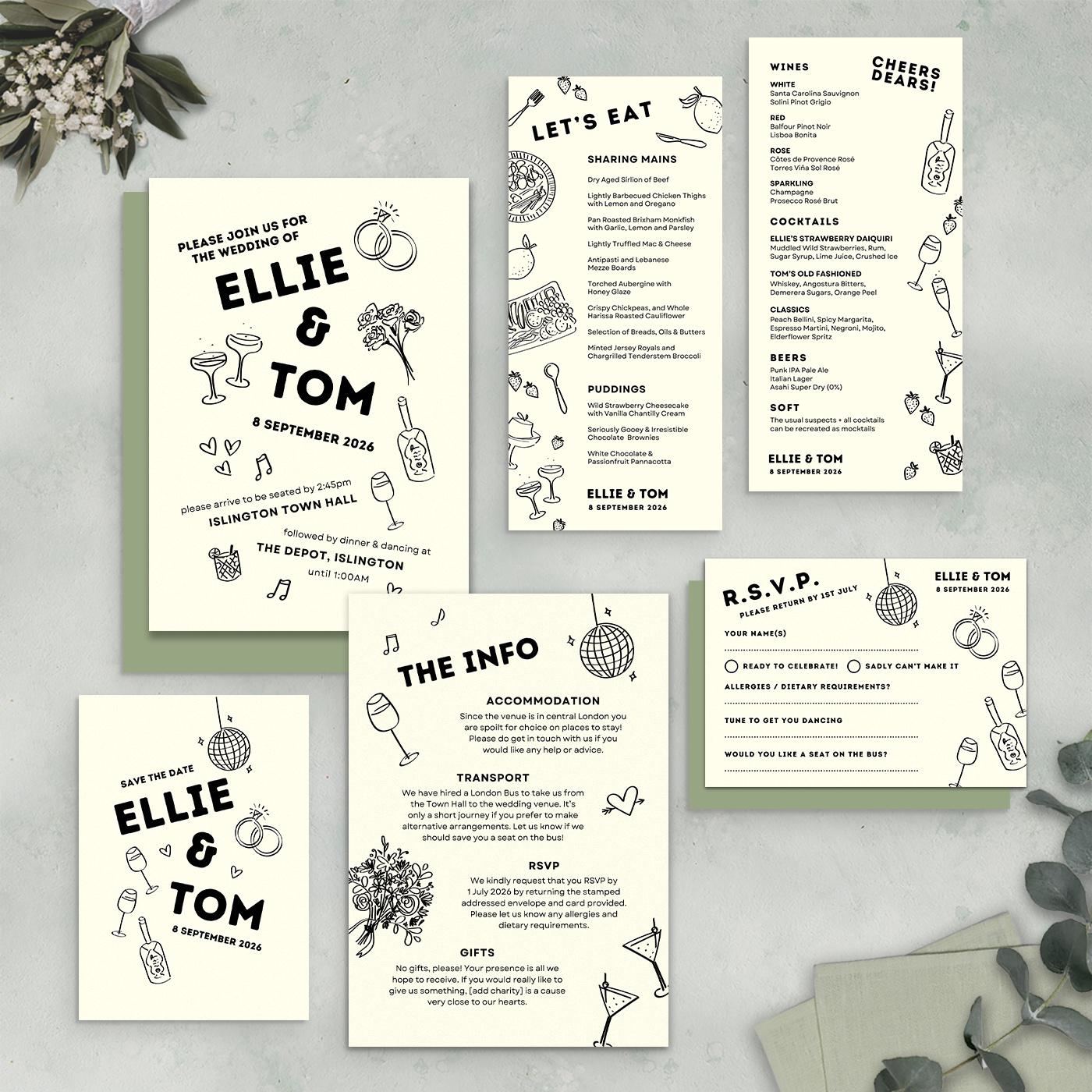 Monochrome Wedding Stationery Bundle, Digital Templates, Hand Drawn Illustrations, Canva Editable