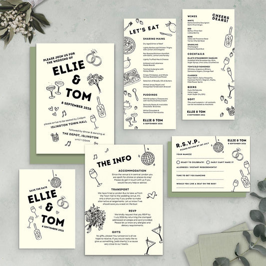 Monochrome Wedding Stationery Bundle, Digital Templates, Hand Drawn Illustrations, Canva Editable